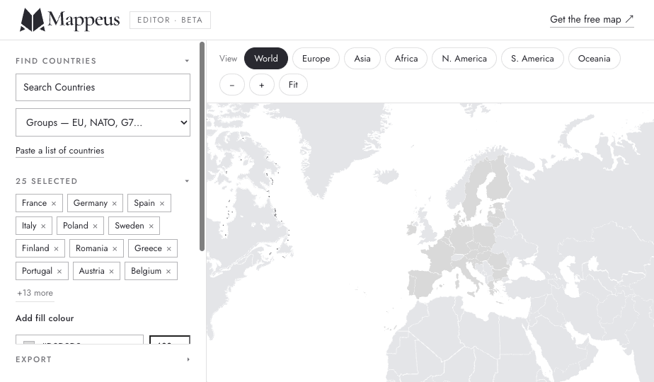 Selecting countries in the Mappeus editor
