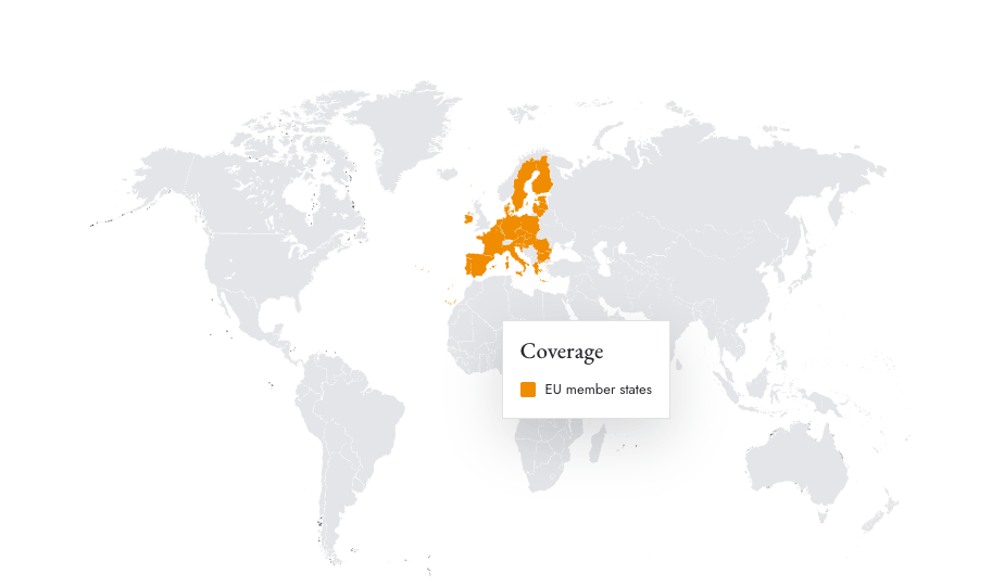 Presentation map with EU member states highlighted in orange and a coverage legend